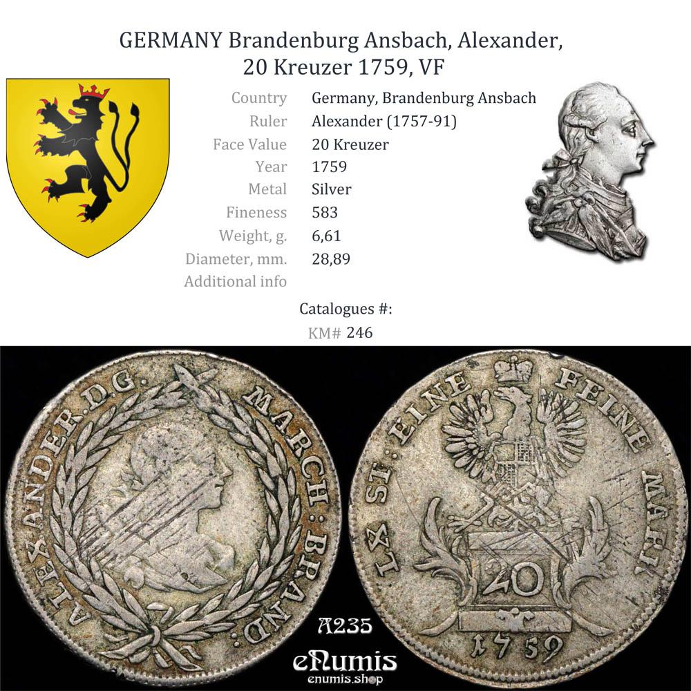 GERMANY Brandenburg Ansbach, Alexander, 20 Kreuzer 1759, VF