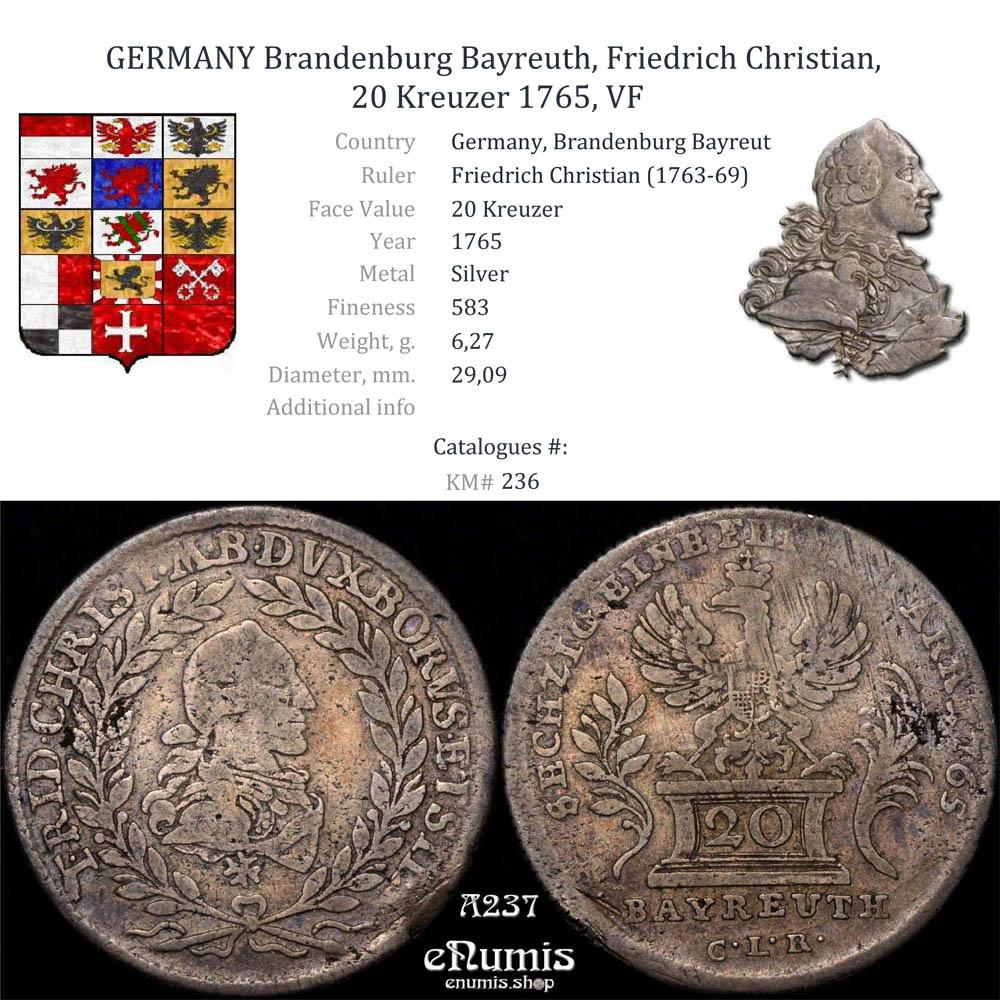 GERMANY Brandenburg Bayreuth, Friedrich Christian, 20 Kreuzer 1765, VF