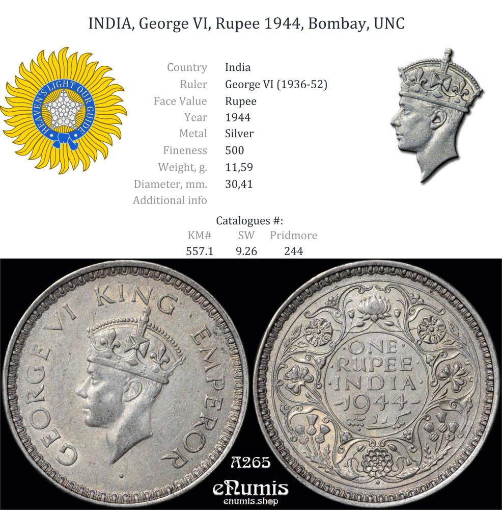 INDIA, George VI, Rupee 1944, Bombay, UNC