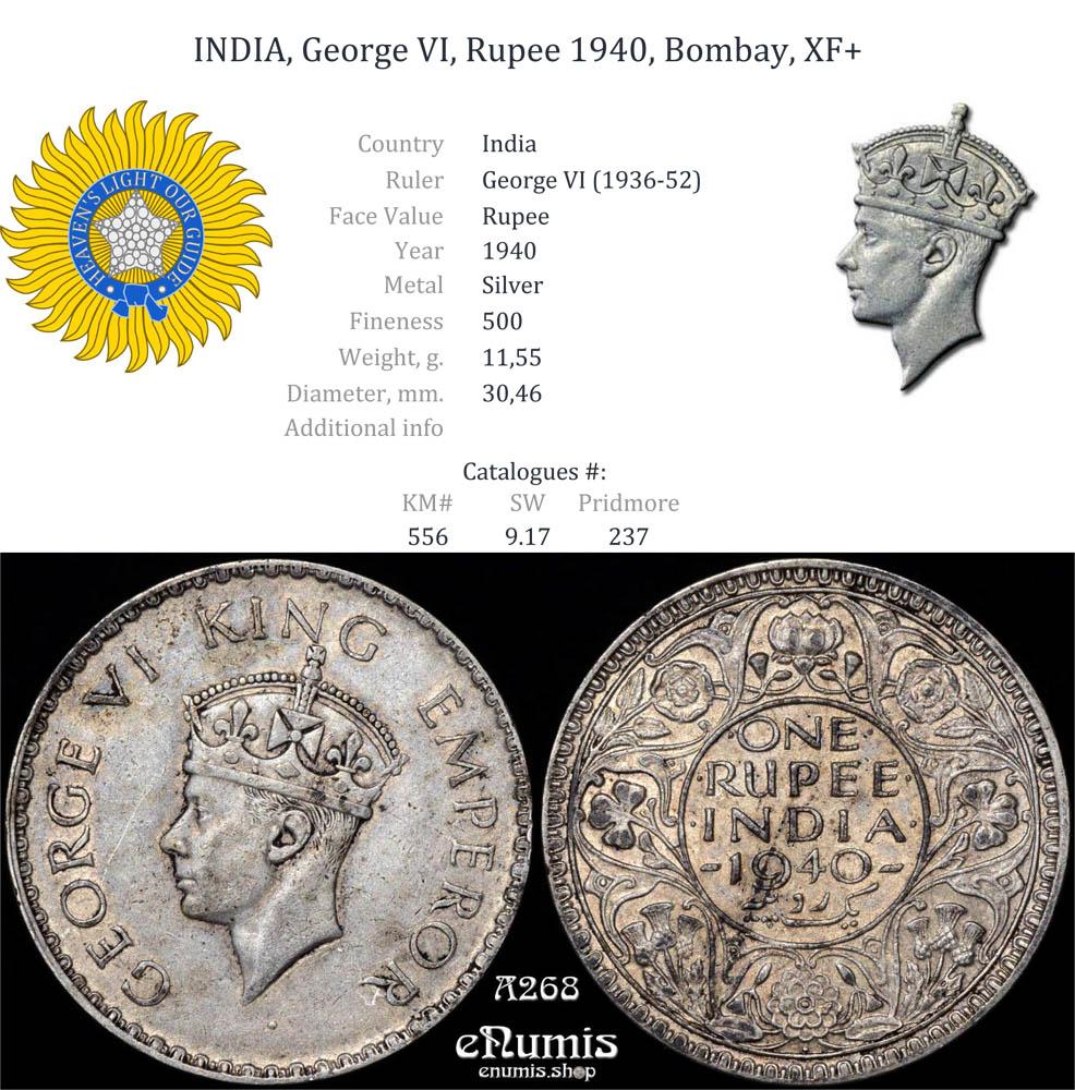 INDIA, George VI, Rupee 1940, Bombay, XF+