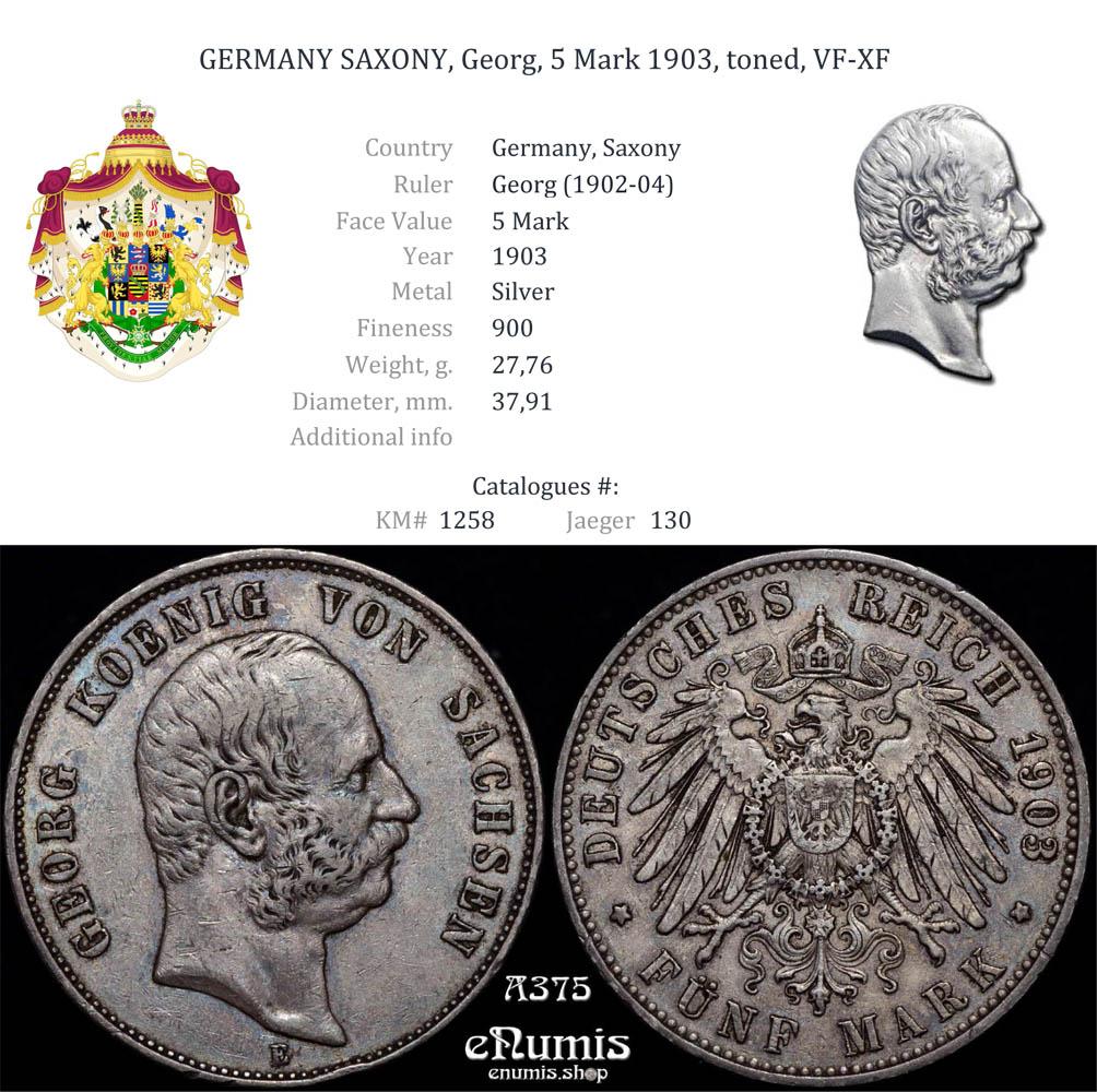 GERMANY SAXONY, Georg, 5 Mark 1903, toned, VF-XF