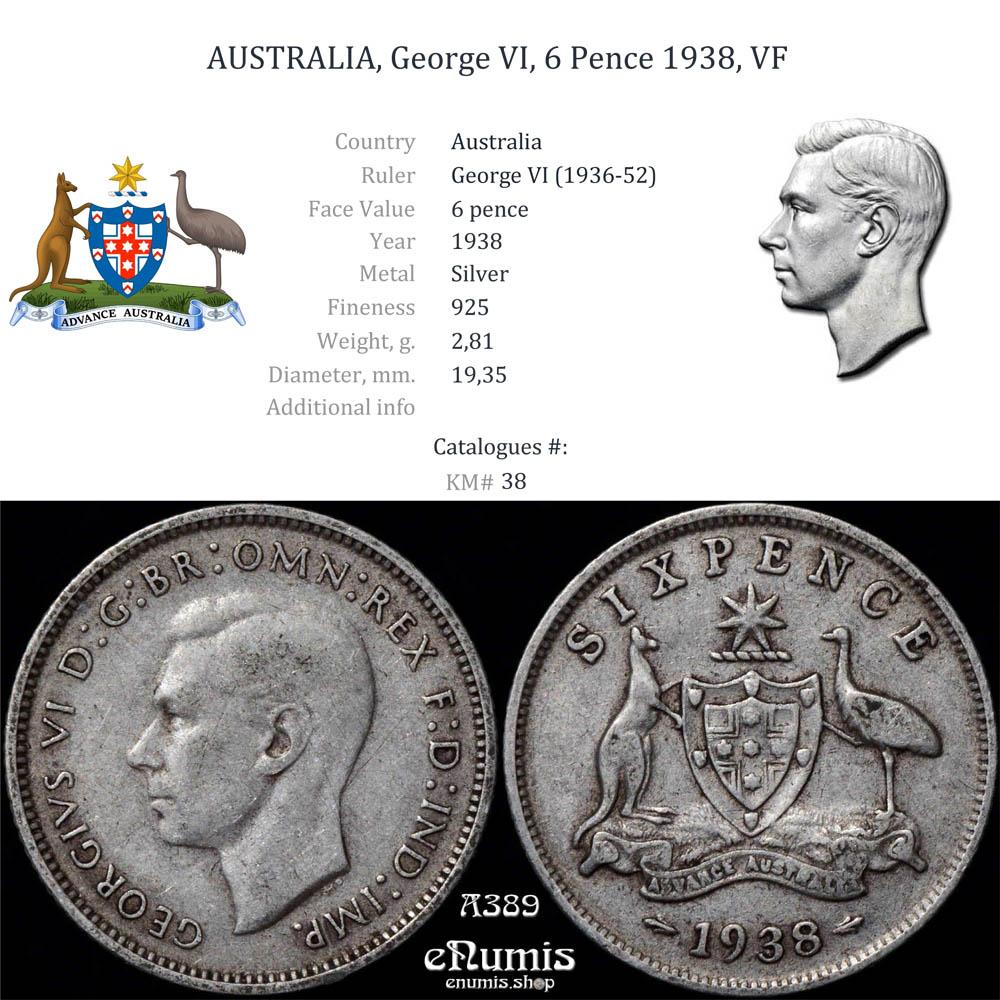 AUSTRALIA, George VI, 6 Pence 1938, VF