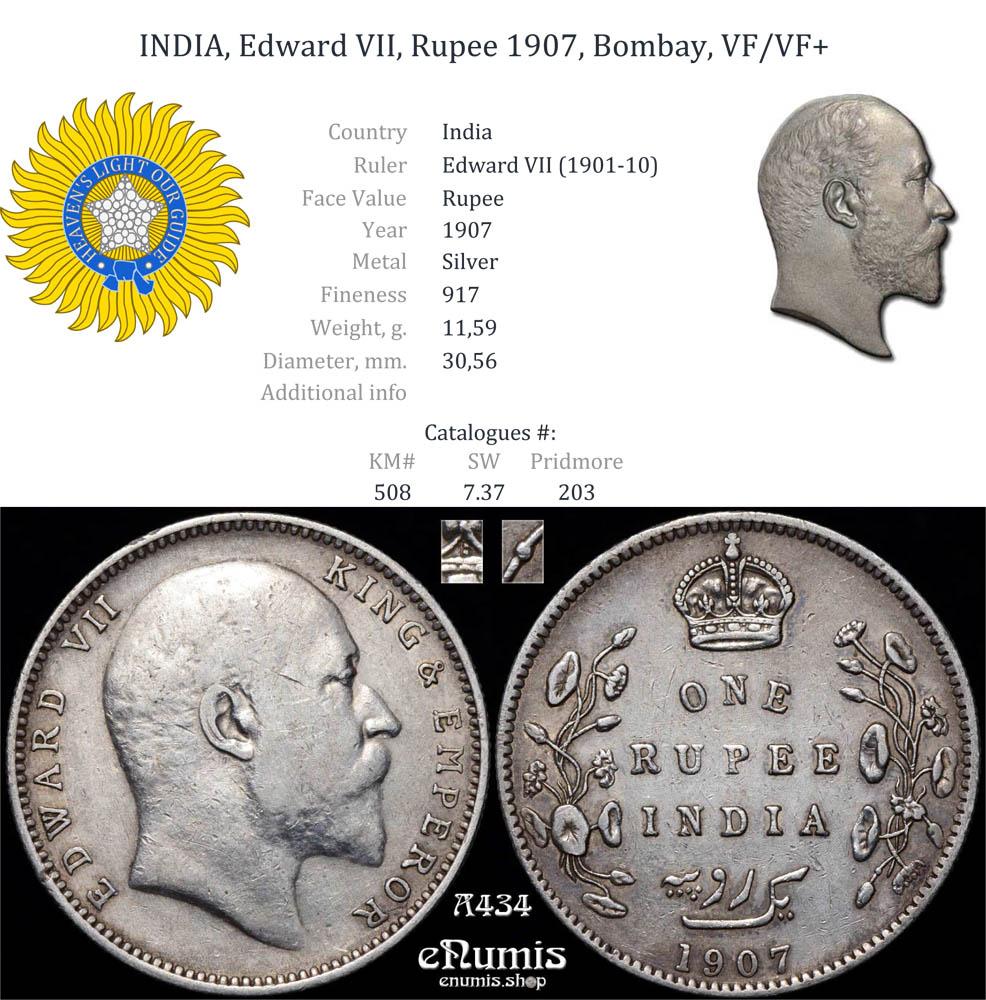 INDIA, Edward VII, Rupee 1907, Bombay, VF/VF+