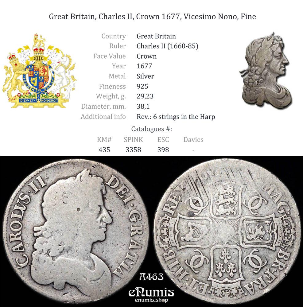 Great Britain, Charles II, Crown 1677, Vicesimo Nono, Fine Great Britain, Charles II, Crown 1677, Vicesimo Nono, Fine