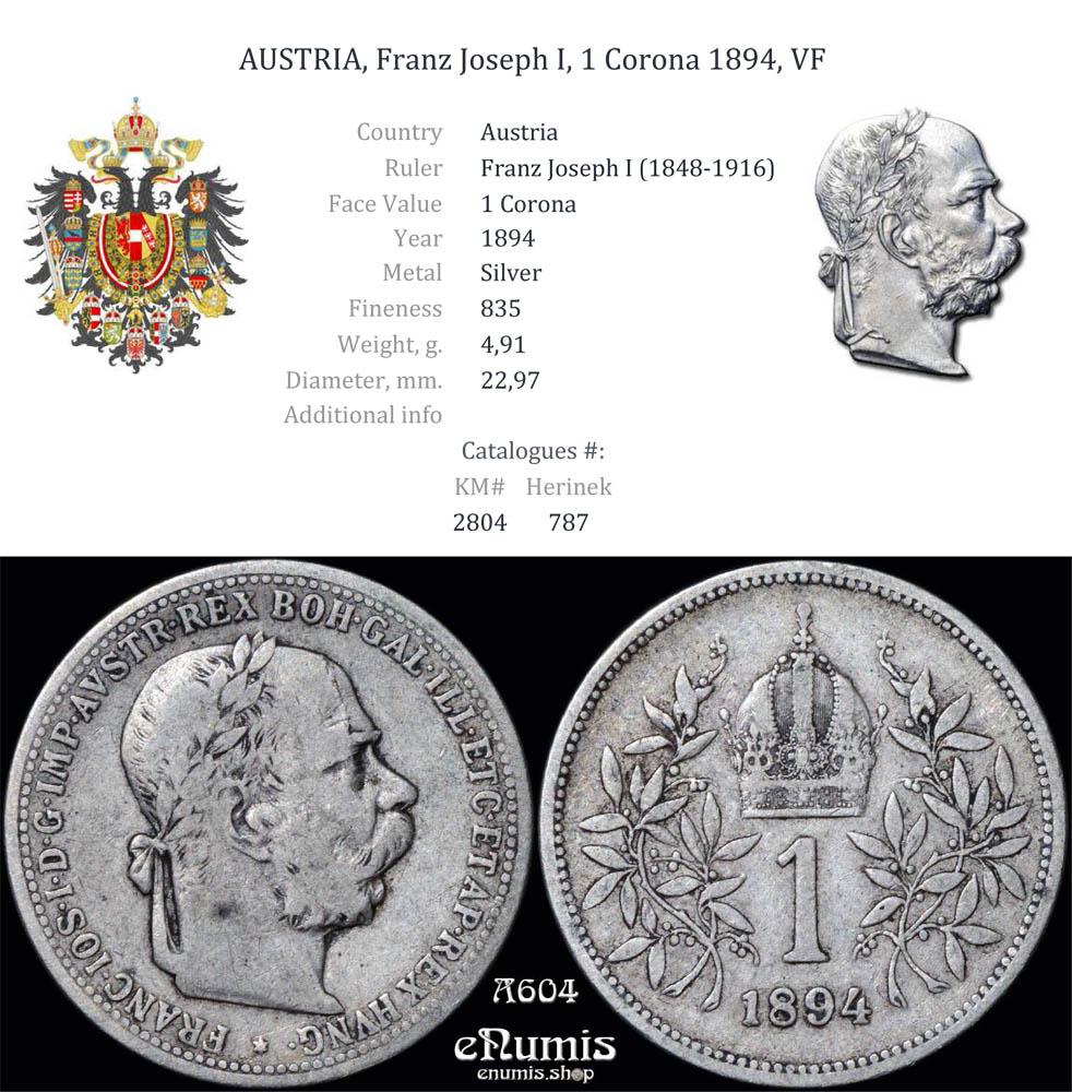 AUSTRIA, Franz Joseph I, 1 Corona 1894, VF