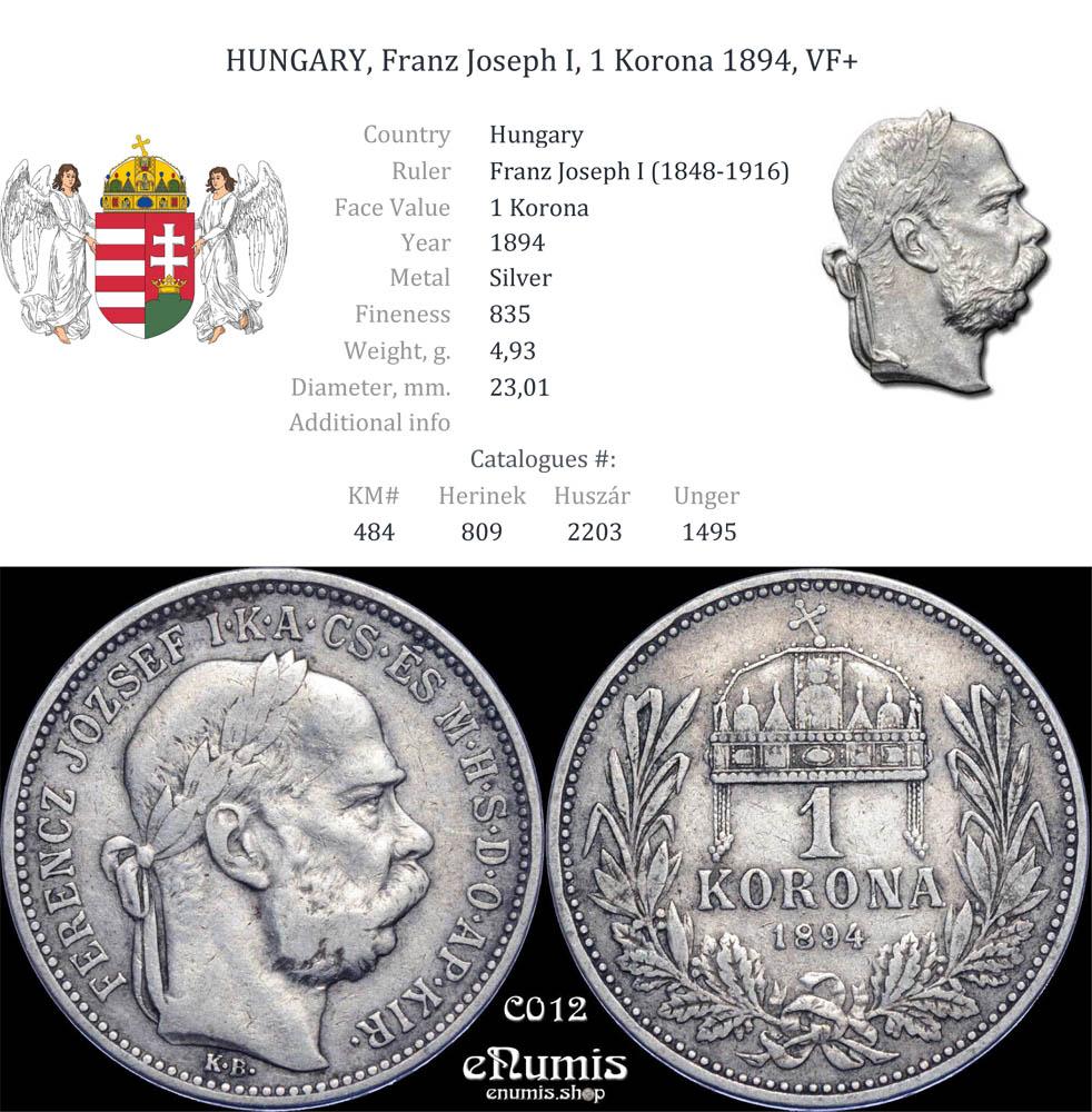HUNGARY, Franz Joseph I, 1 Korona 1894, VF+