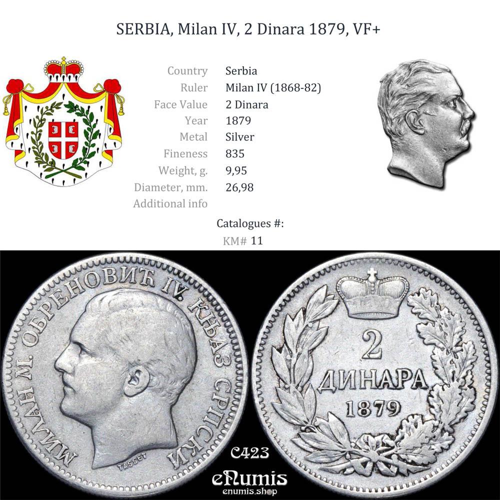 SERBIA, Milan IV, 2 Dinara 1879, VF+