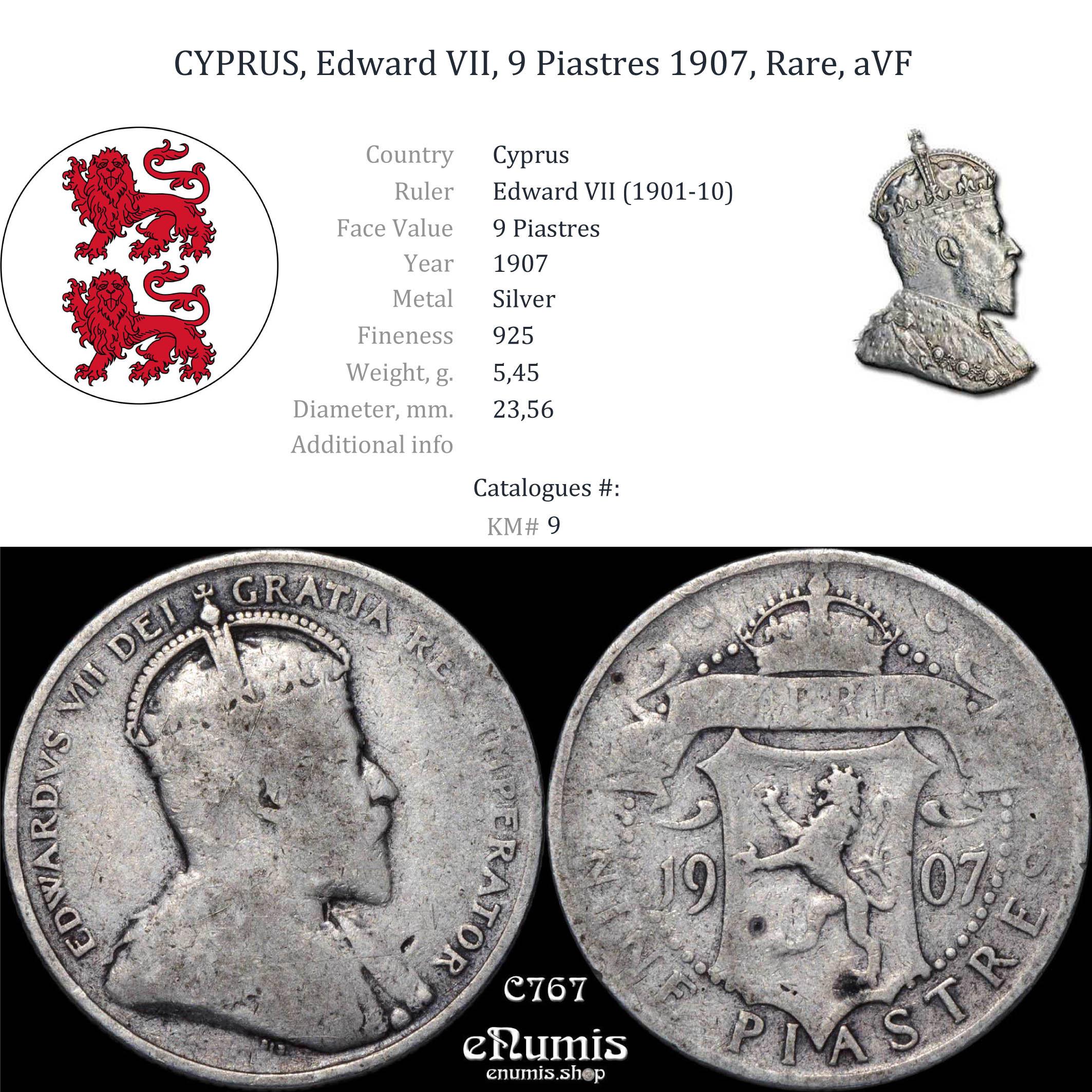 CYPRUS, Edward VII, 9 Piastres 1907, Rare, aVF