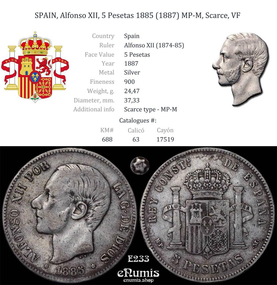 SPAIN, Alfonso XII, 5 Pesetas 1885 (1887) MP-M, Scarce, VF