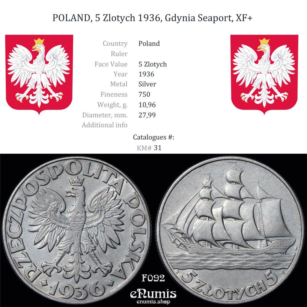POLAND, 5 Zlotych 1936, Gdynia Seaport, XF+