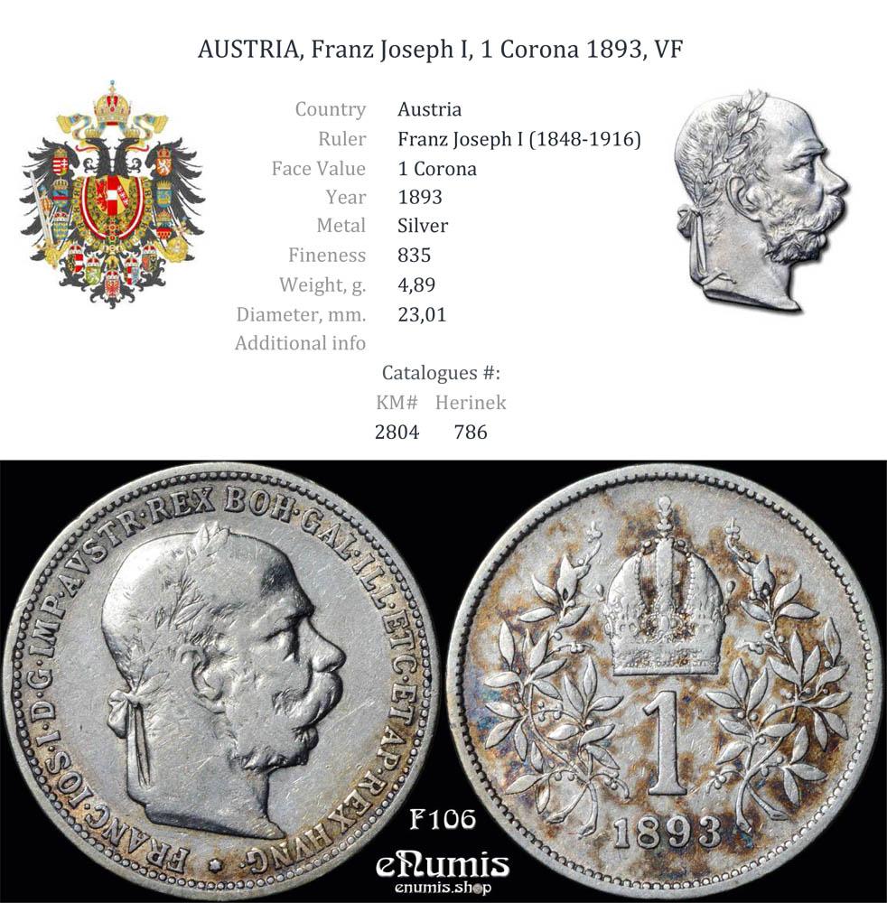 AUSTRIA, Franz Joseph I, 1 Corona 1893, VF