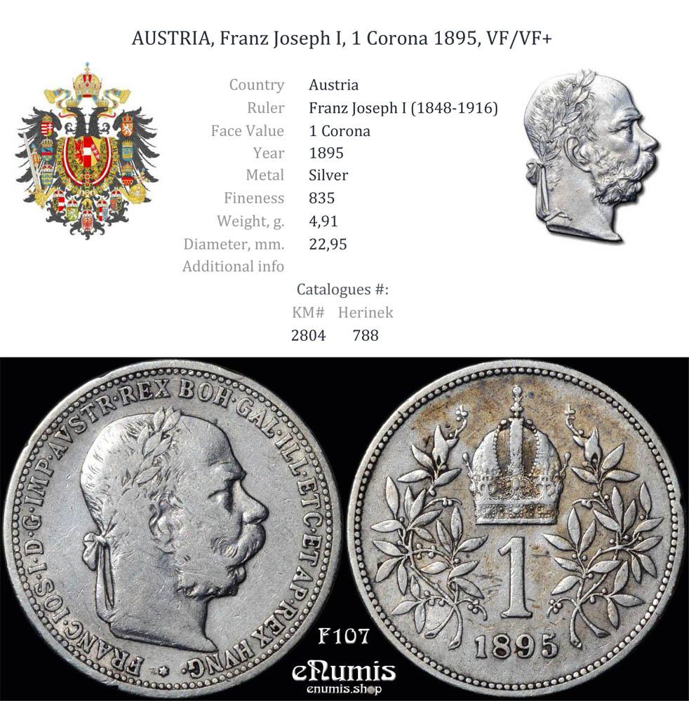 AUSTRIA, Franz Joseph I, 1 Corona 1895, VF/VF+