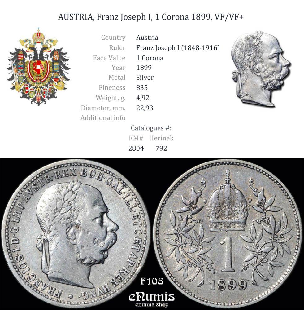 AUSTRIA, Franz Joseph I, 1 Corona 1899, VF/VF+