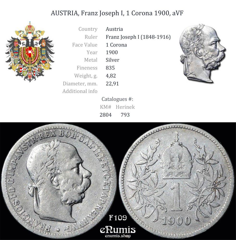 AUSTRIA, Franz Joseph I, 1 Corona 1900, aVF