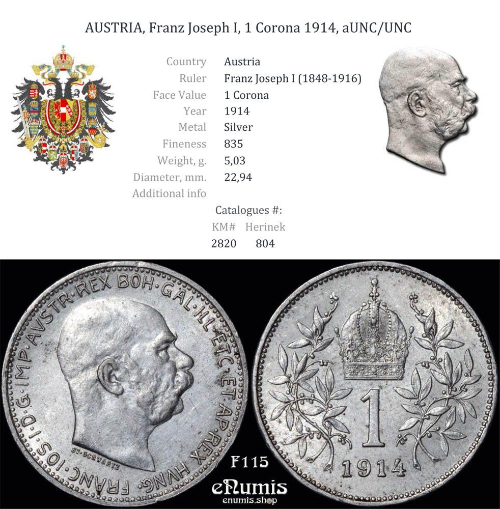 AUSTRIA, Franz Joseph I, 1 Corona 1914, aUNC/UNC