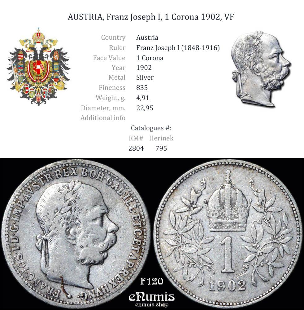 AUSTRIA, Franz Joseph I, 1 Corona 1902, VF AUSTRIA, Franz Joseph I, 1 Corona 1902, VF