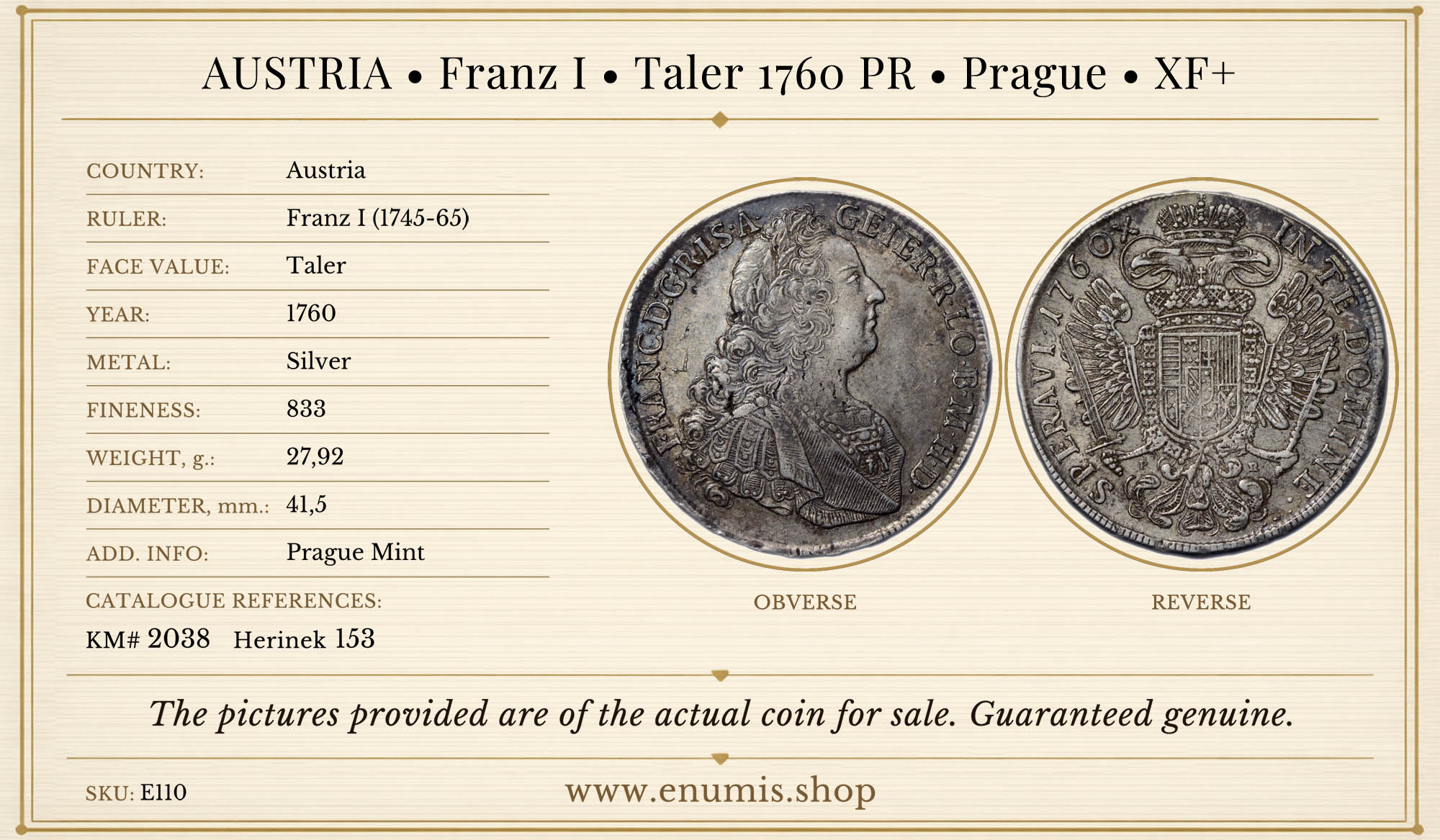 AUSTRIA, Franz I, Taler 1760 PR, Prague, XF+ AUSTRIA, Franz I, Taler 1760 PR, Prague, XF+