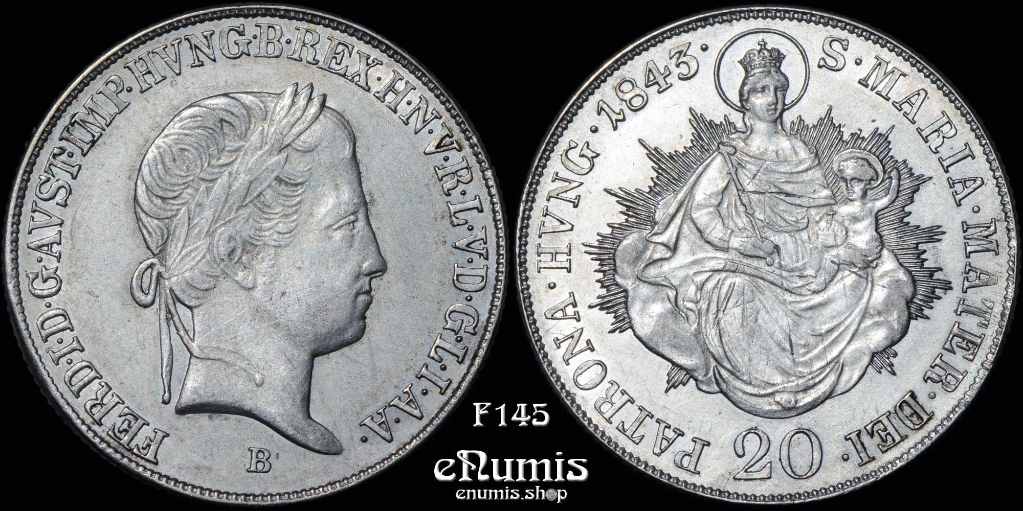 AUSTRIA, HUNGARY, Ferdinand I, 20 Kreuzer 1843 B, Kremnitz, aUNC AUSTRIA, HUNGARY, Ferdinand I, 20 Kreuzer 1843 B, Kremnitz, aUNC
