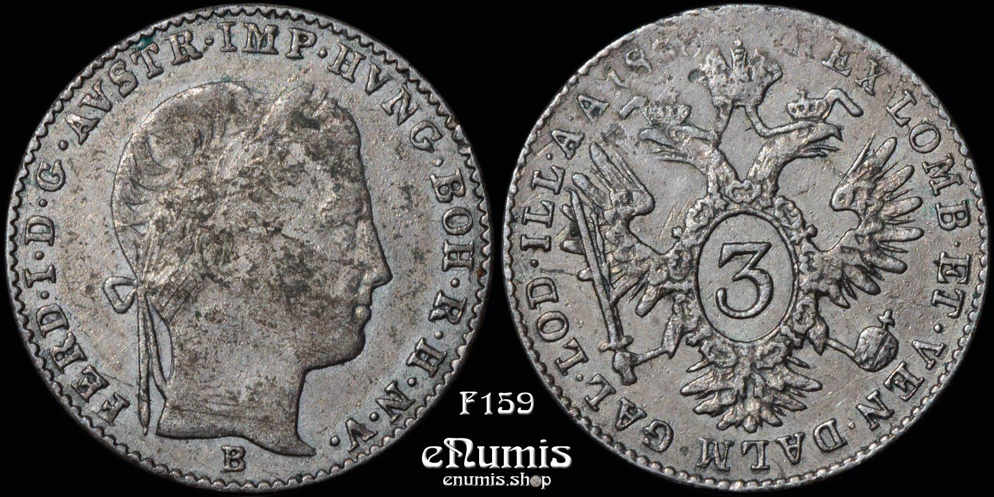 AUSTRIA, Ferdinand I, 3 Kreuzer 1838 B, Kremnitz, aXF