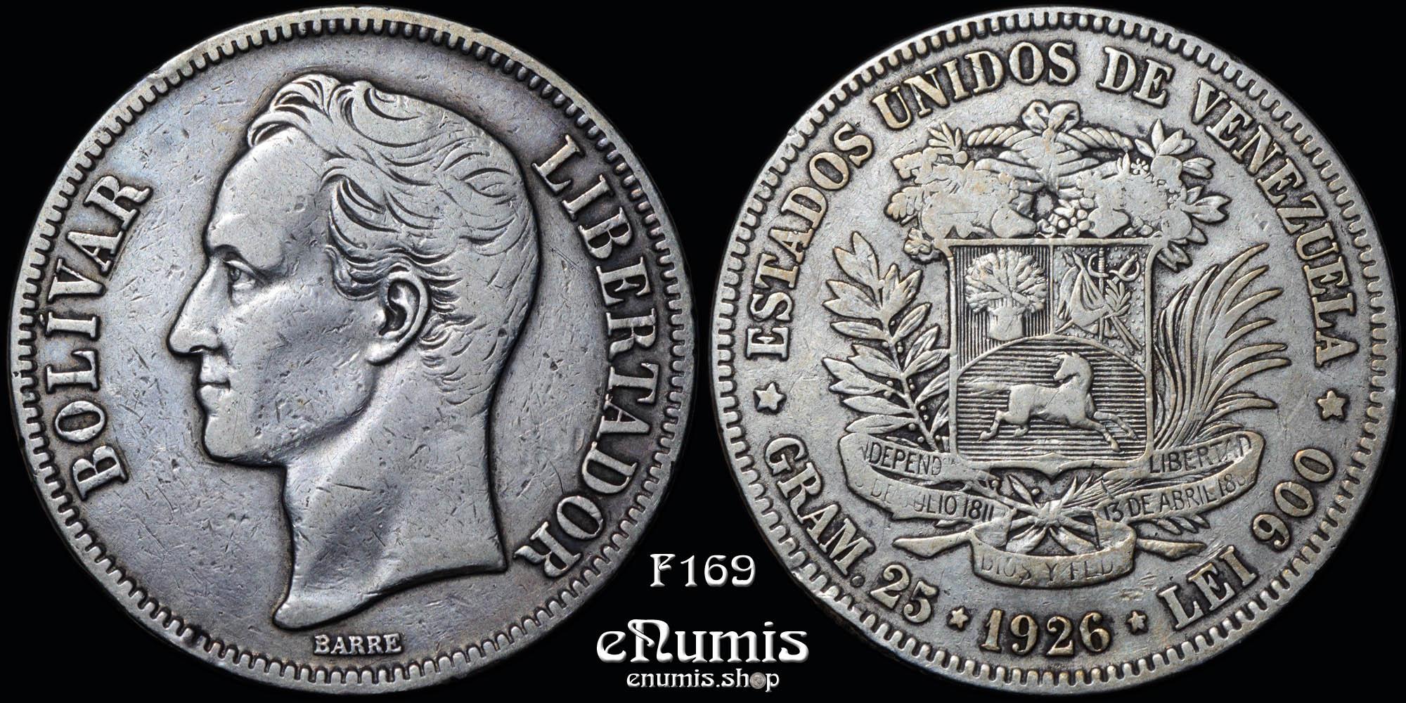Venezuela, 5 Bolivares 1926, silver, VF