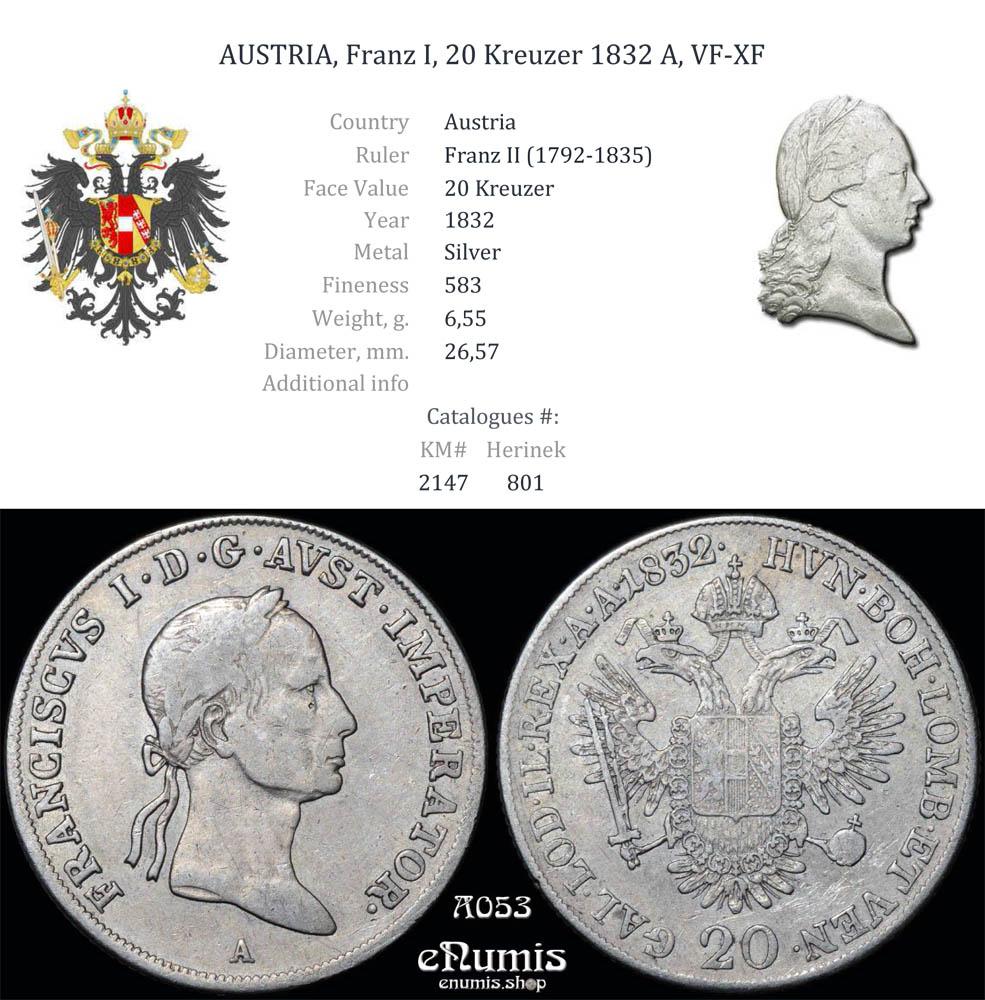 AUSTRIA, Franz I, 20 Kreuzer 1832 A, VF-XF