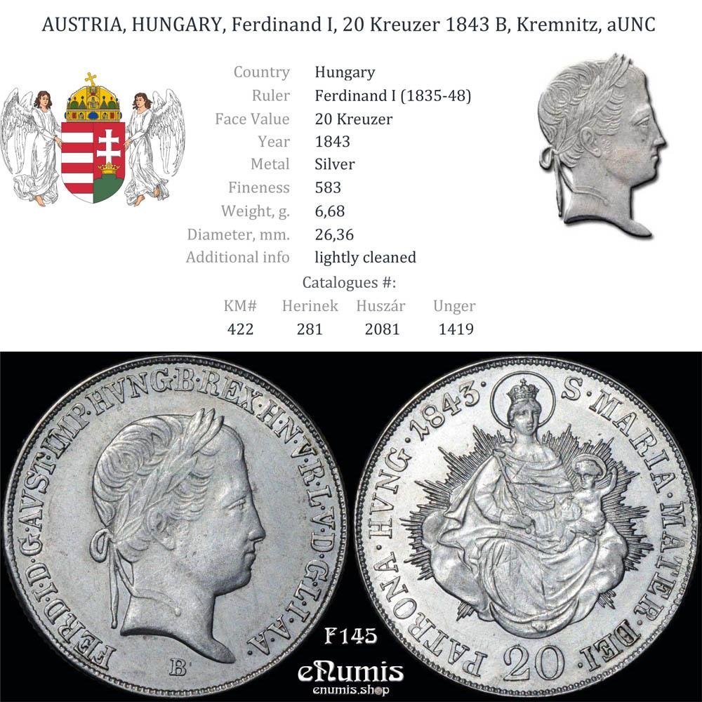AUSTRIA, HUNGARY, Ferdinand I, 20 Kreuzer 1843 B, Kremnitz, aUNC AUSTRIA, HUNGARY, Ferdinand I, 20 Kreuzer 1843 B, Kremnitz, aUNC