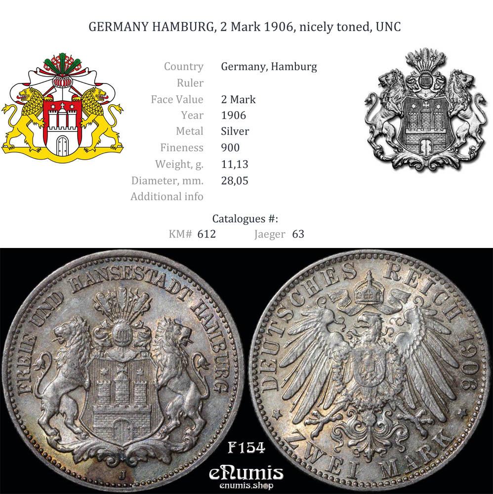 GERMANY HAMBURG, 2 Mark 1906, nicely toned, UNC