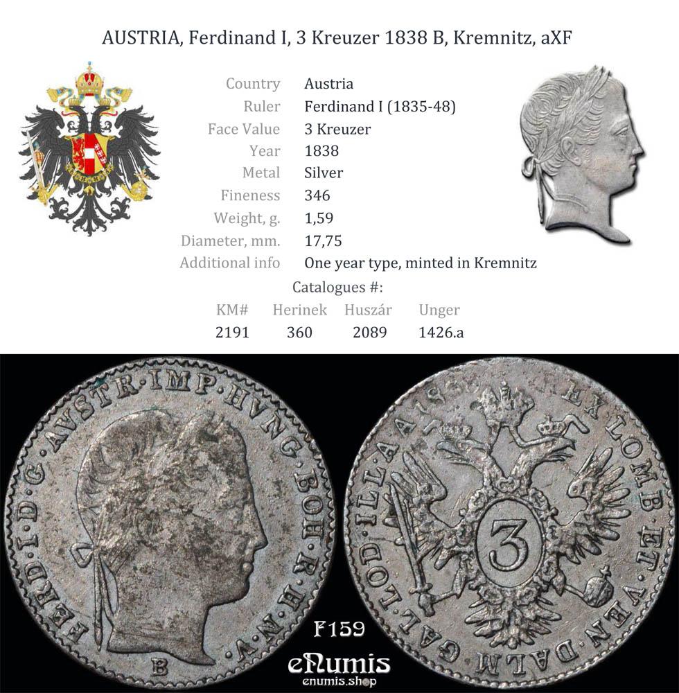 AUSTRIA, Ferdinand I, 3 Kreuzer 1838 B, Kremnitz, aXF