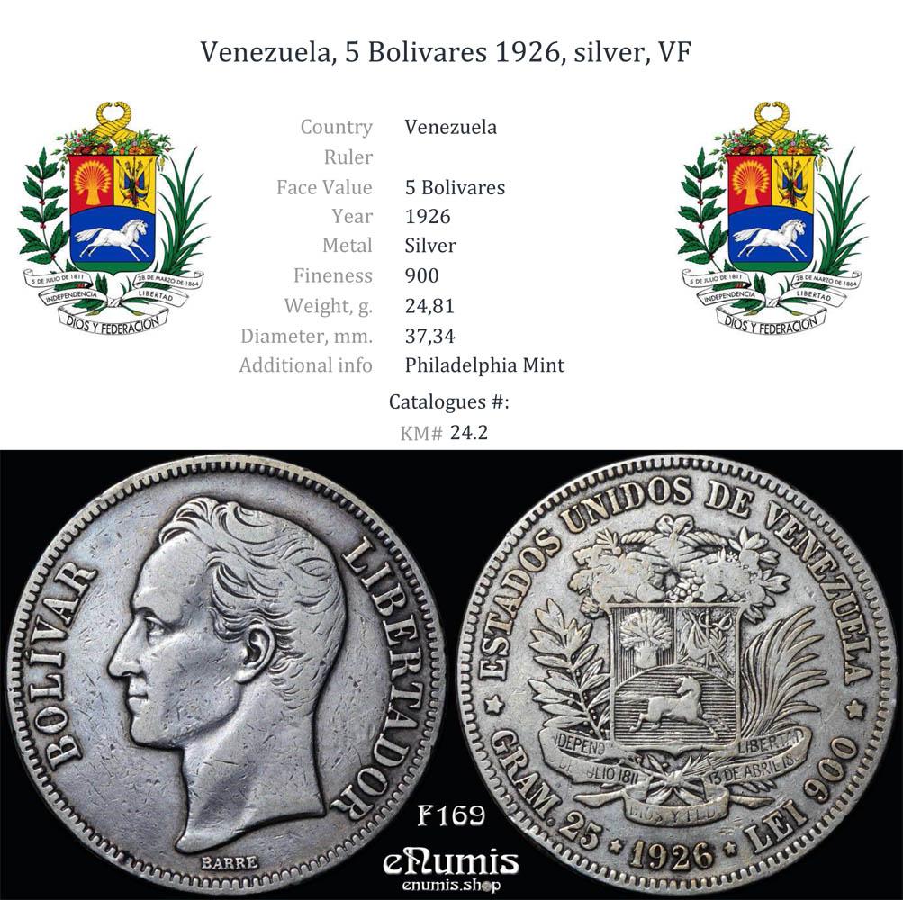 Venezuela, 5 Bolivares 1926, silver, VF