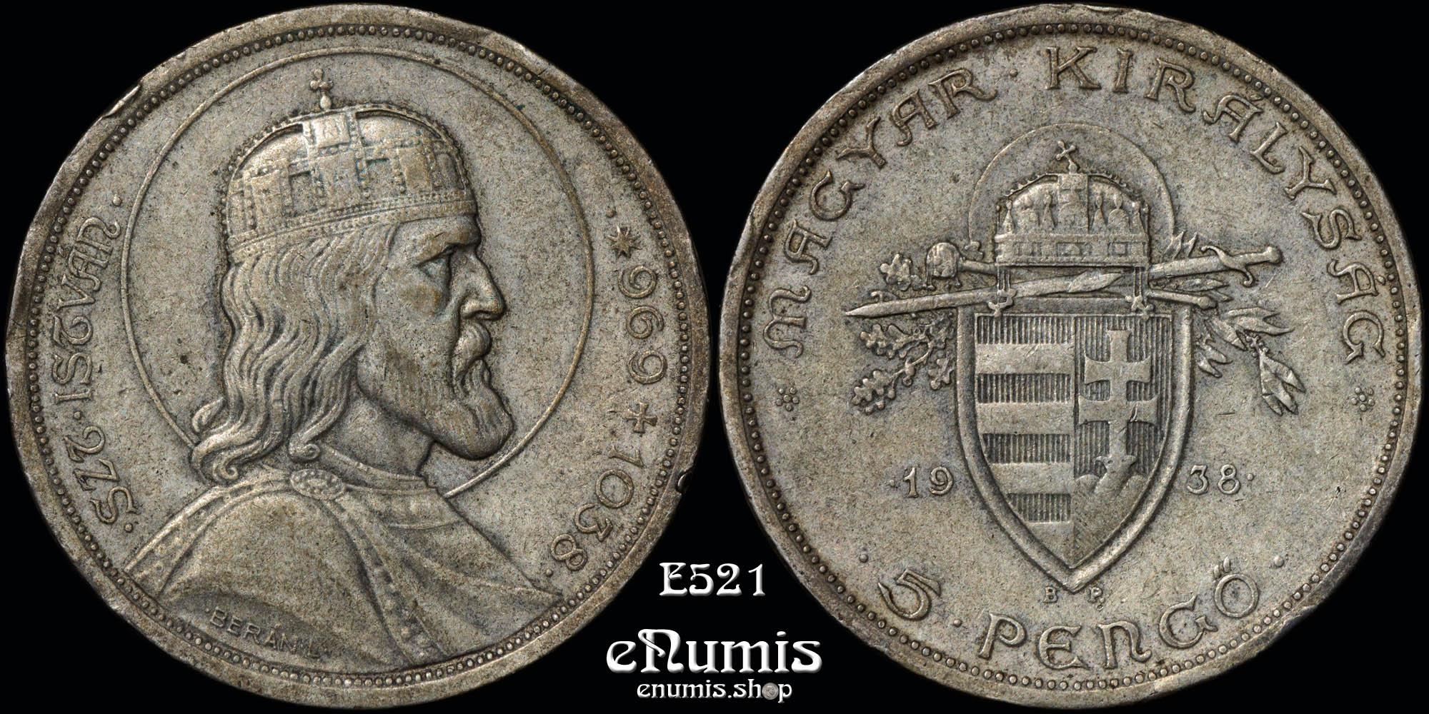 HUNGARY, 5 Pengo 1938, 900th Anniversary - Death of St. Stephan, XF