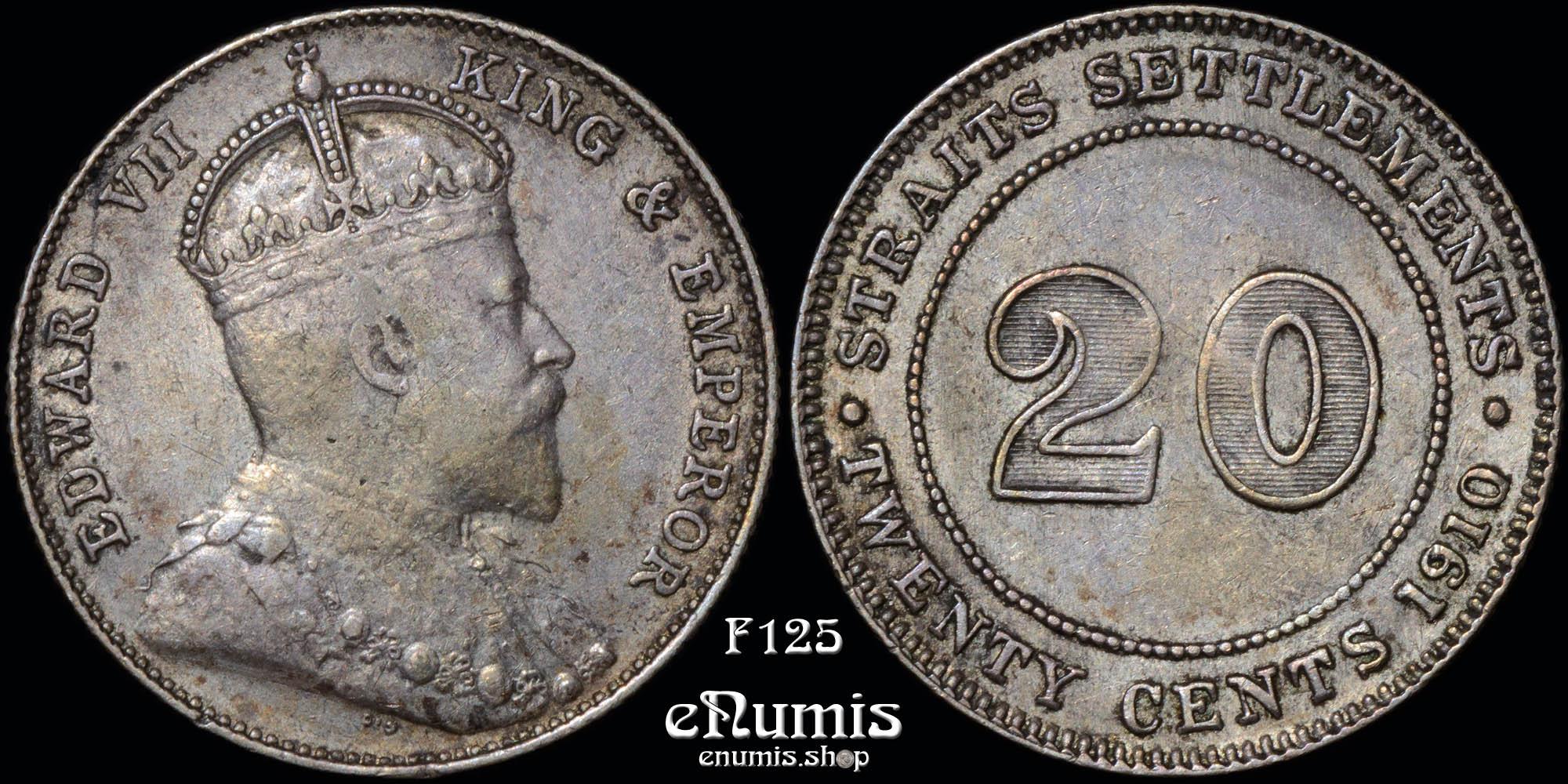 Straits Settlements, Edward VII, 20 Cents 1910, XF/XF+