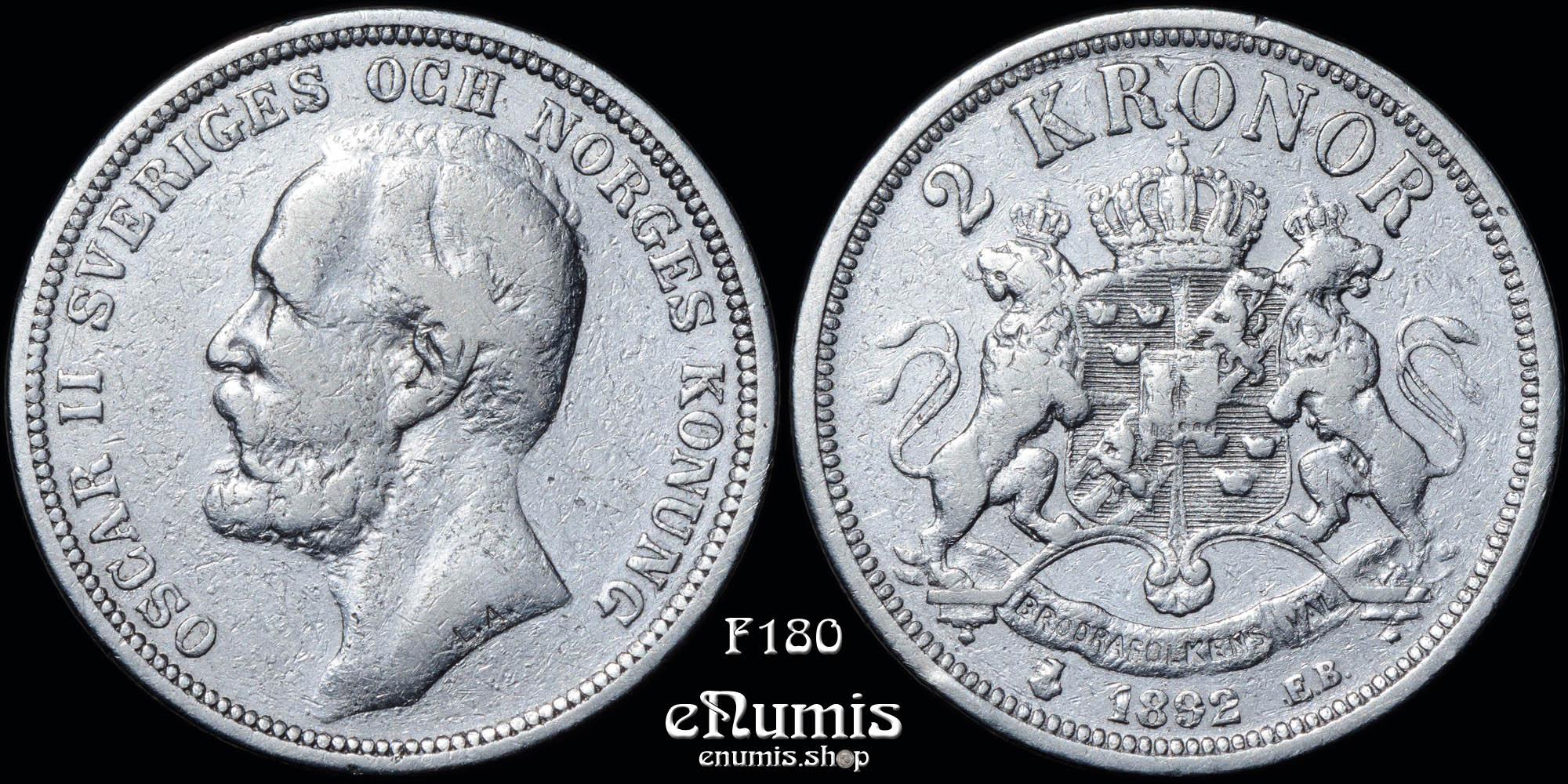 SWEDEN, Oscar II, 2 Kronor 1892, aVF SWEDEN, Oscar II, 2 Kronor 1892, aVF