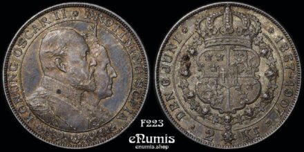 SWEDEN, Oscar II, 2 Kronor 1907, Golden Wedding Anniversary, aUNC
