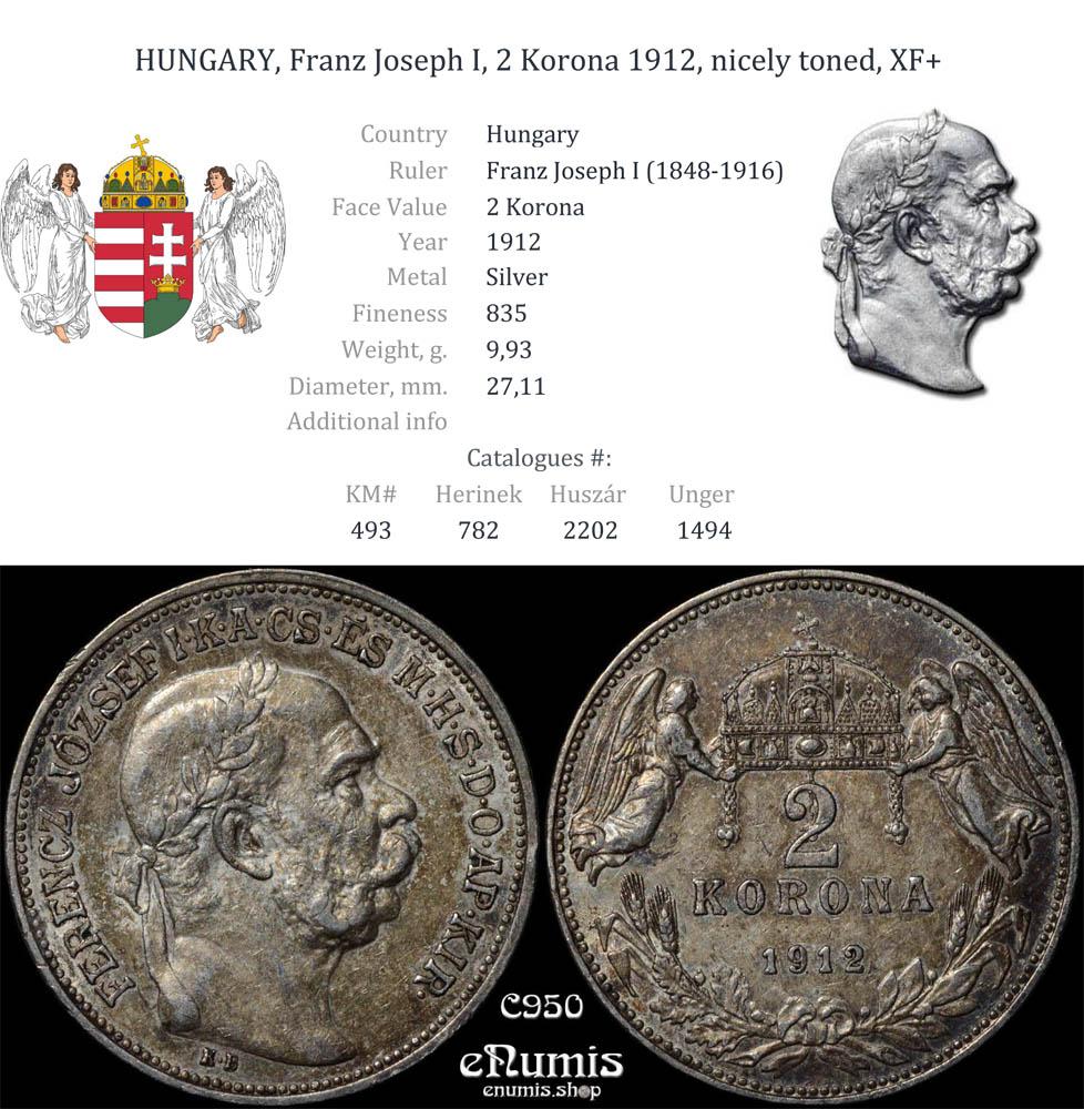 HUNGARY, Franz Joseph I, 2 Korona 1912, nicely toned, XF+