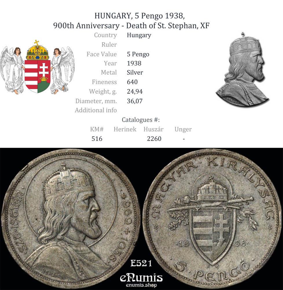 HUNGARY, 5 Pengo 1938, 900th Anniversary - Death of St. Stephan, XF