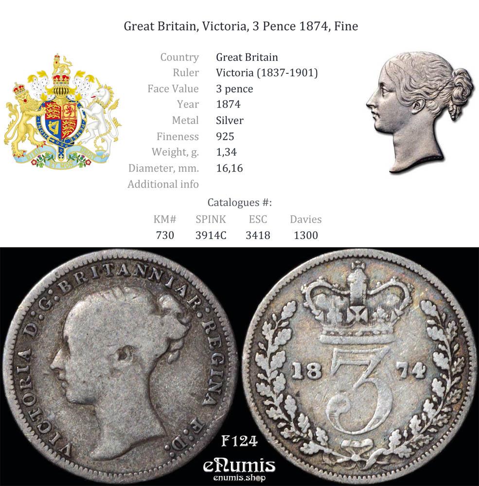 Great Britain, Victoria, 3 Pence 1874, Fine Great Britain, Victoria, 3 Pence 1874, Fine