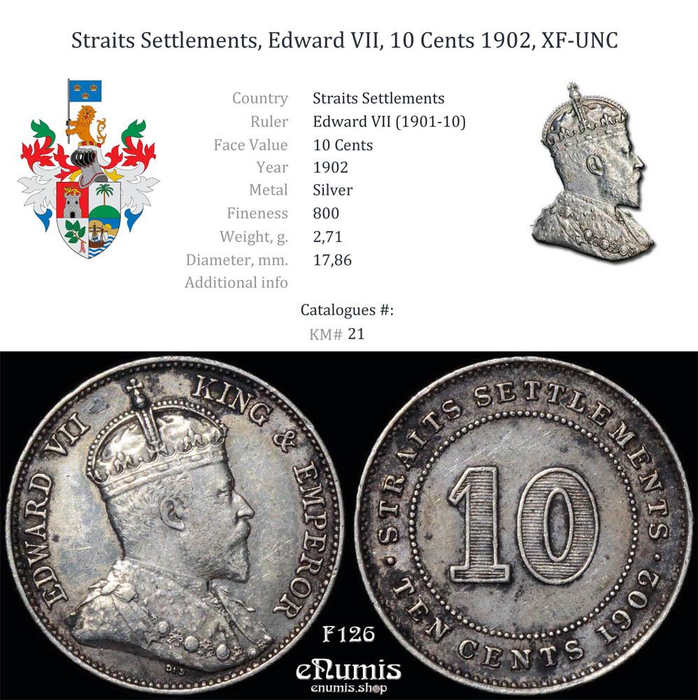 Straits Settlements, Edward VII, 10 Cents 1902, XF-UNC