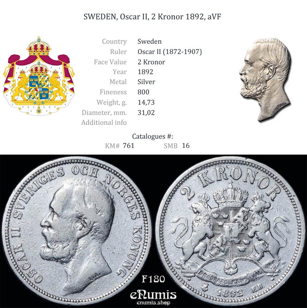 SWEDEN, Oscar II, 2 Kronor 1892, aVF SWEDEN, Oscar II, 2 Kronor 1892, aVF