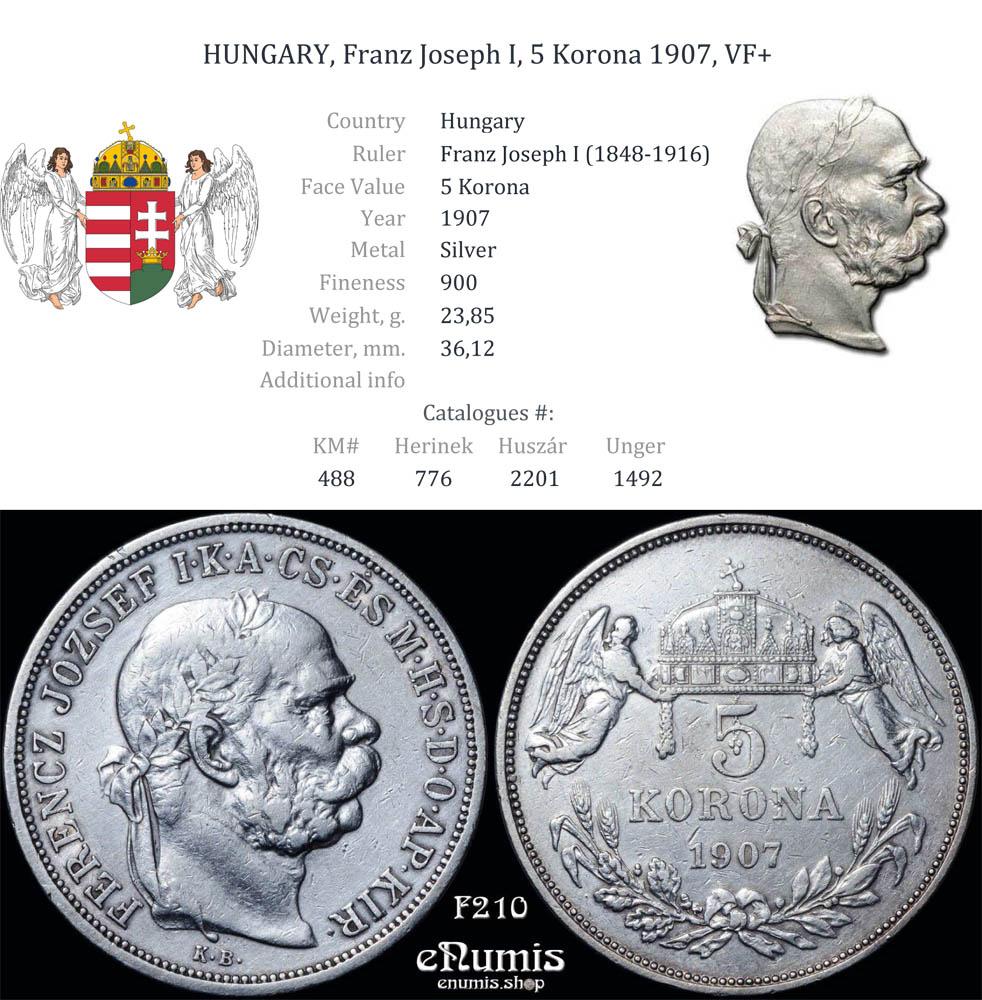 HUNGARY, Franz Joseph I, 5 Korona 1907, VF+ HUNGARY, Franz Joseph I, 5 Korona 1907, VF+
