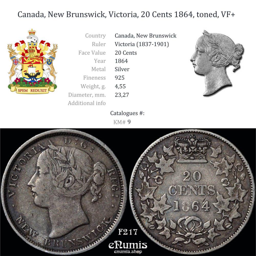 Canada, New Brunswick, Victoria, 20 Cents 1864, toned, VF+