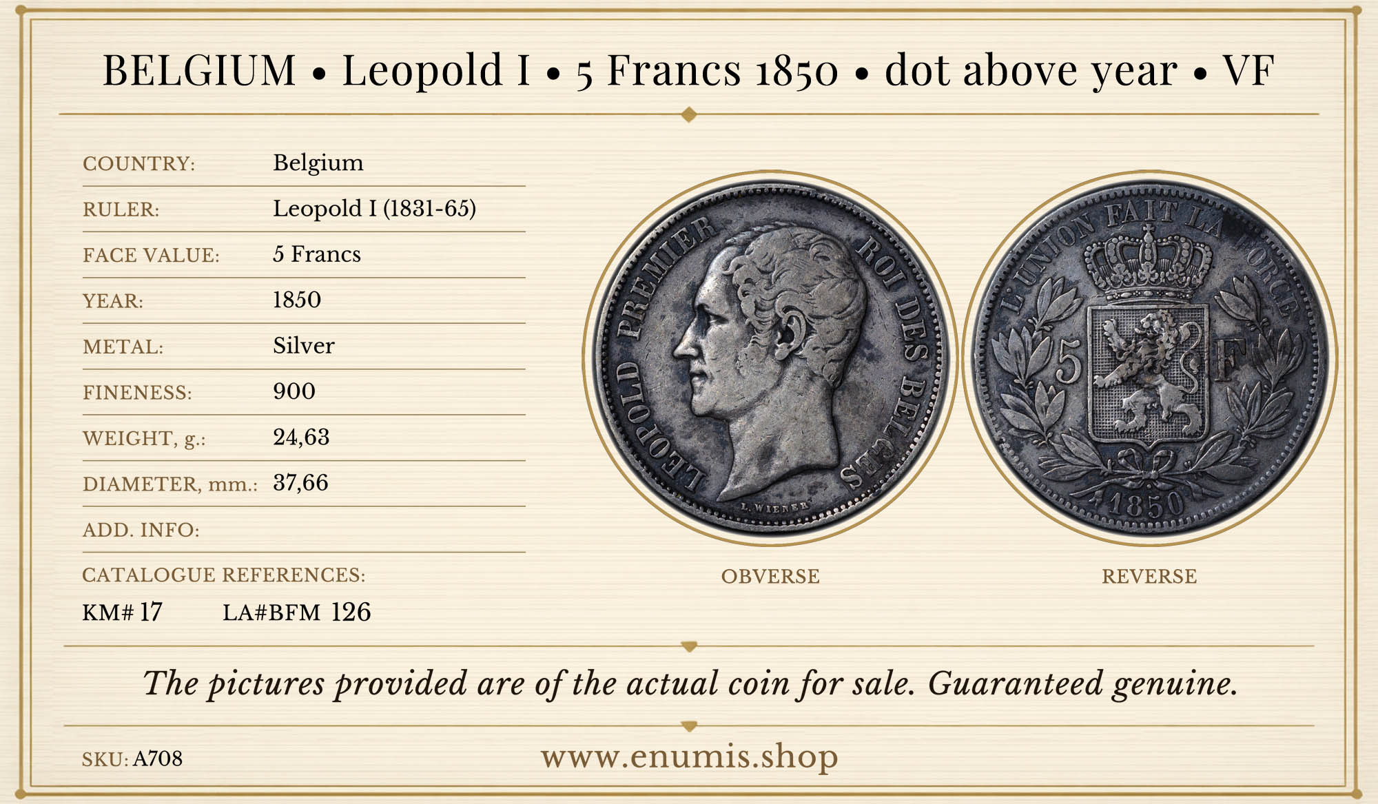 BELGIUM, Leopold I, 5 Francs 1850, dot above year, VF