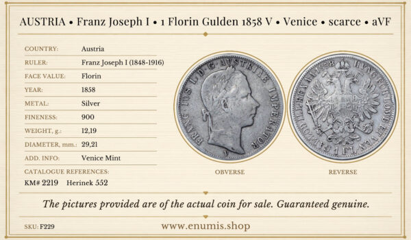 AUSTRIA Franz Jos. I, 1 Florin Gulden 1858 V, Venice, aVF 👍