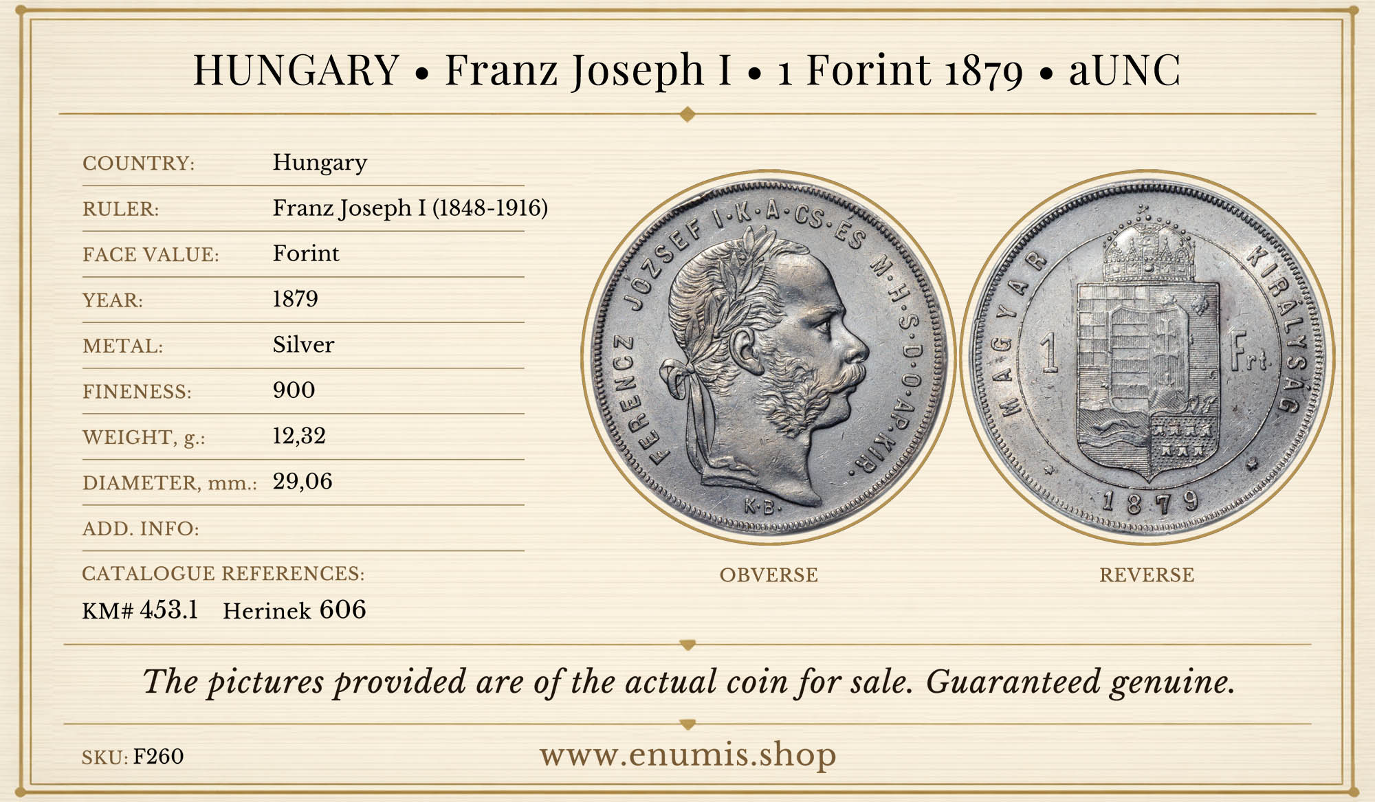 HUNGARY, Franz Joseph I, 1 Forint 1879, aUNC