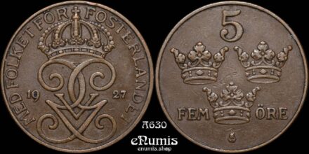 SWEDEN, Gustaf V, 5 Ore 1927, key date, Rare, XF