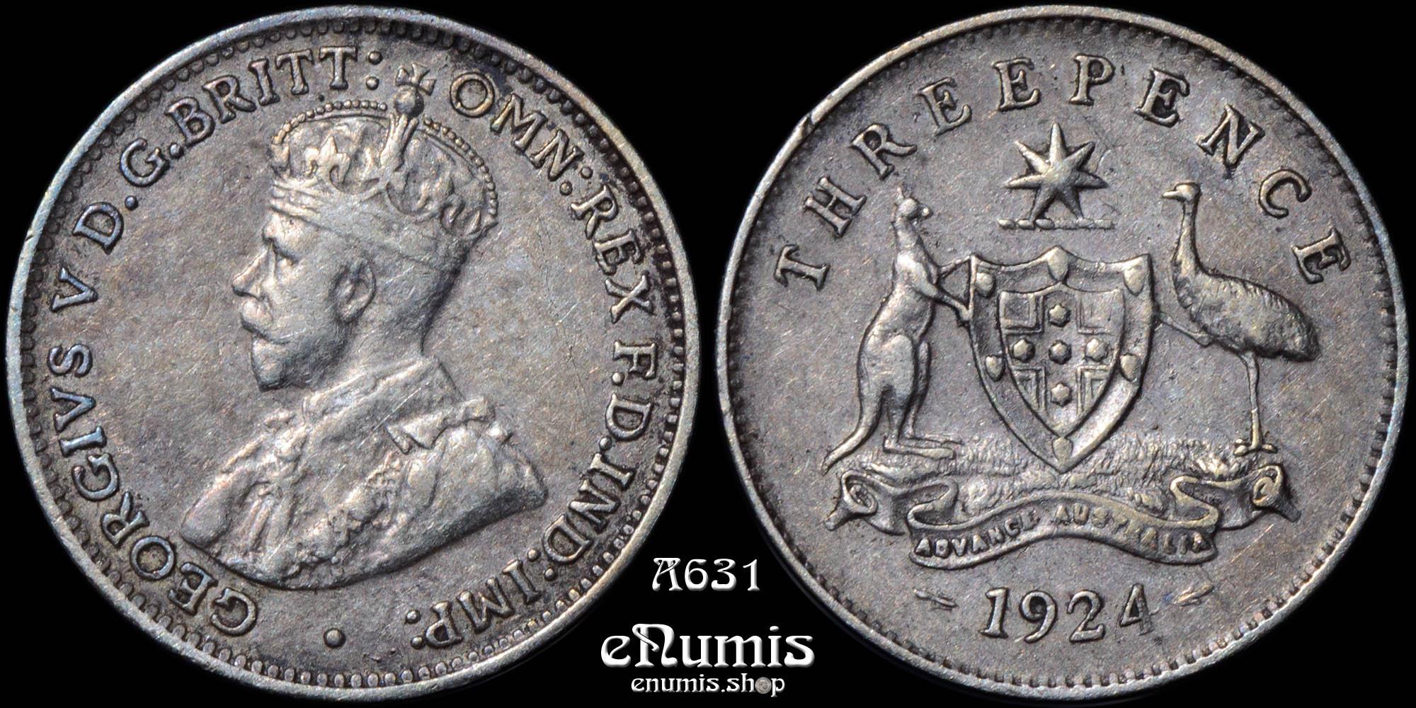 AUSTRALIA, George V, 3 Pence 1924, 3D, XF+