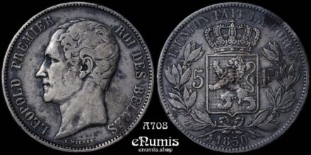 BELGIUM, Leopold I, 5 Francs 1850, dot above year, VF
