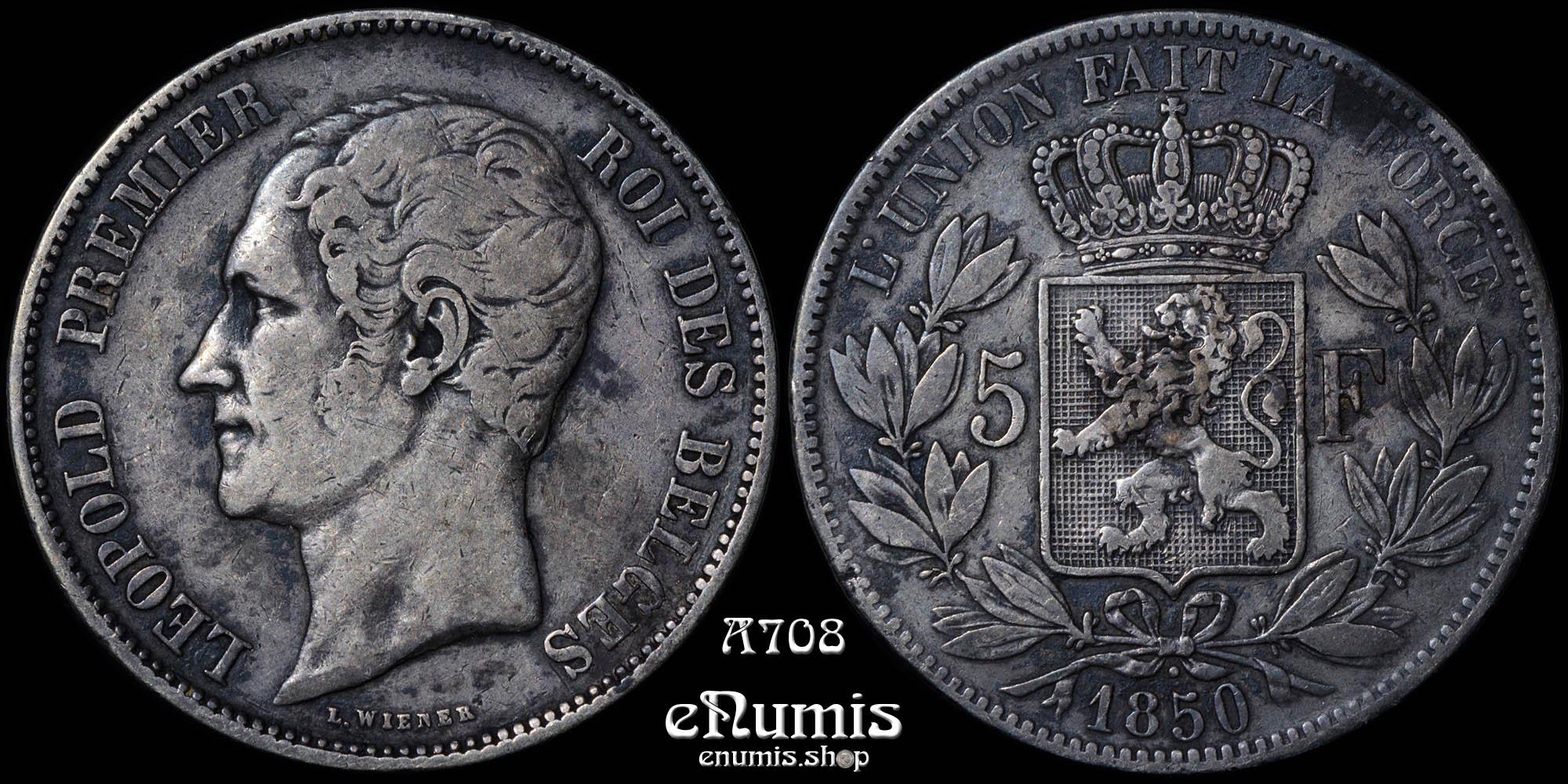 BELGIUM, Leopold I, 5 Francs 1850, dot above year, VF