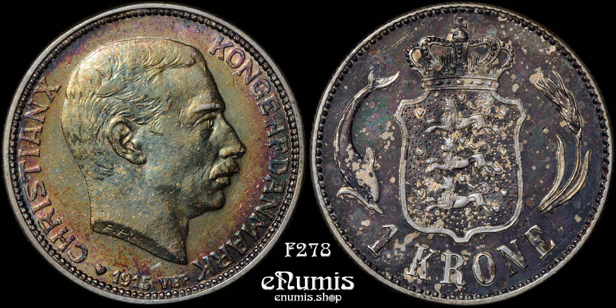 DENMARK, Christian X, 1 Krone 1915, toned, XF+