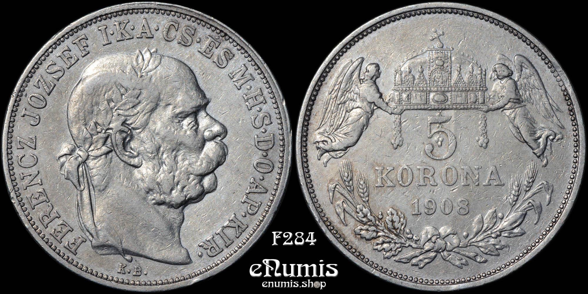 HUNGARY, Franz Joseph I, 5 Korona 1908, VF-XF