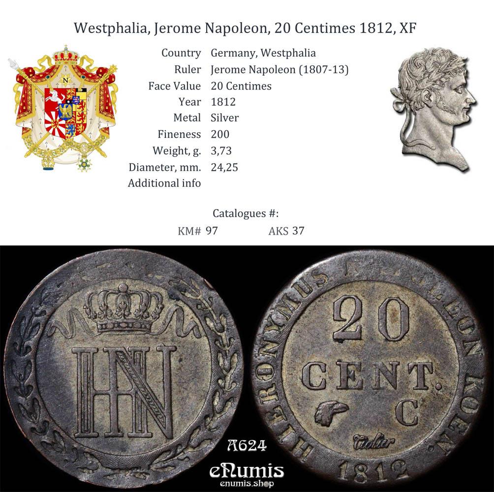 Germany, Westphalia, Jerome Napoleon, 20 Centimes 1812, XF